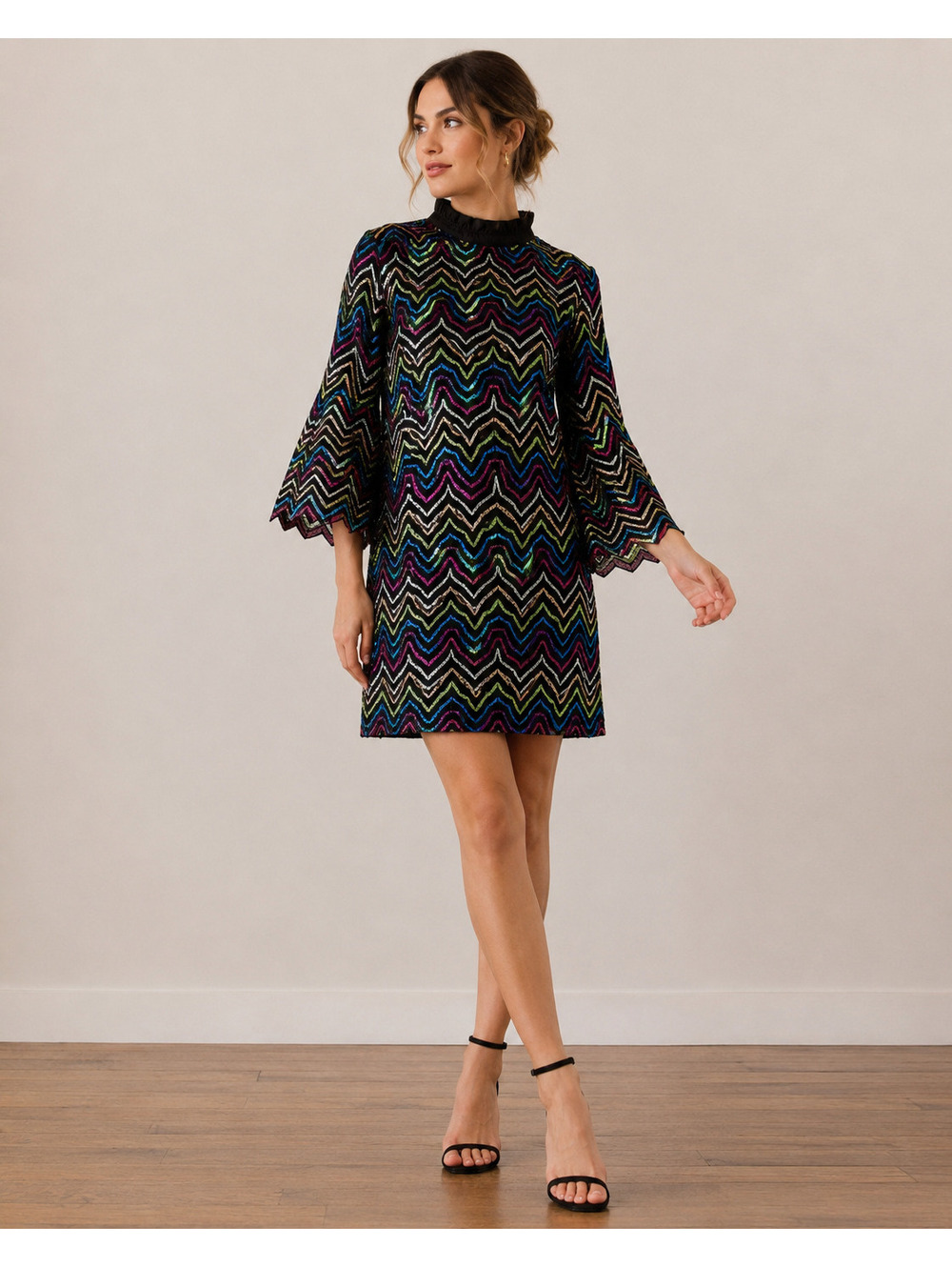 Manoush Size 4 Metallic Chevron Lace Mini Dress Bell Sleeve Party Cocktail